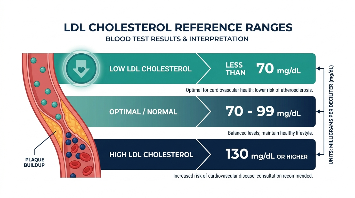 Schematic chart of LDL cholesterol reference ranges showing low, optimal, and high bands