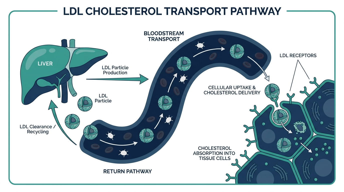 Diagram of LDL cholesterol transport pathway from the liver through the bloodstream to cell receptors