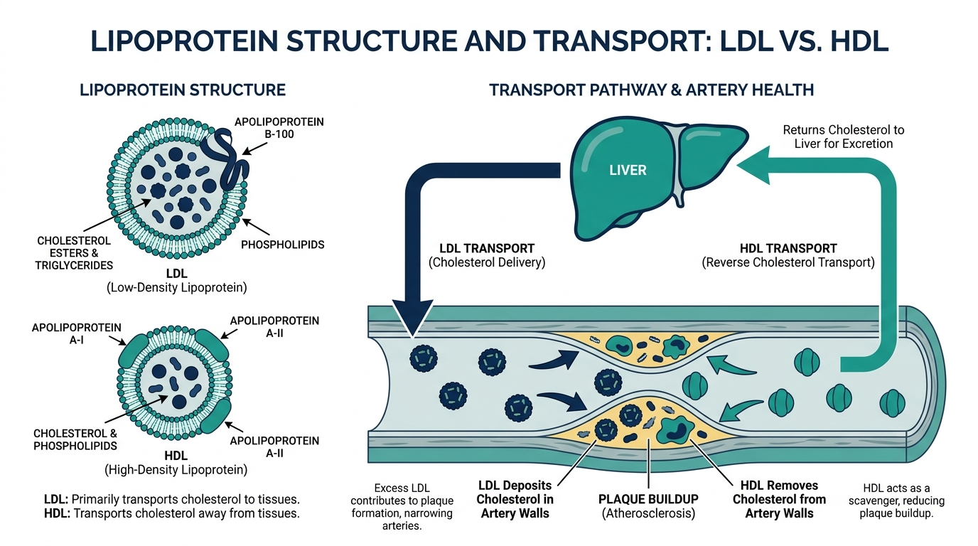 Diagram comparing LDL and HDL lipoprotein transport in the bloodstream and artery plaque buildup