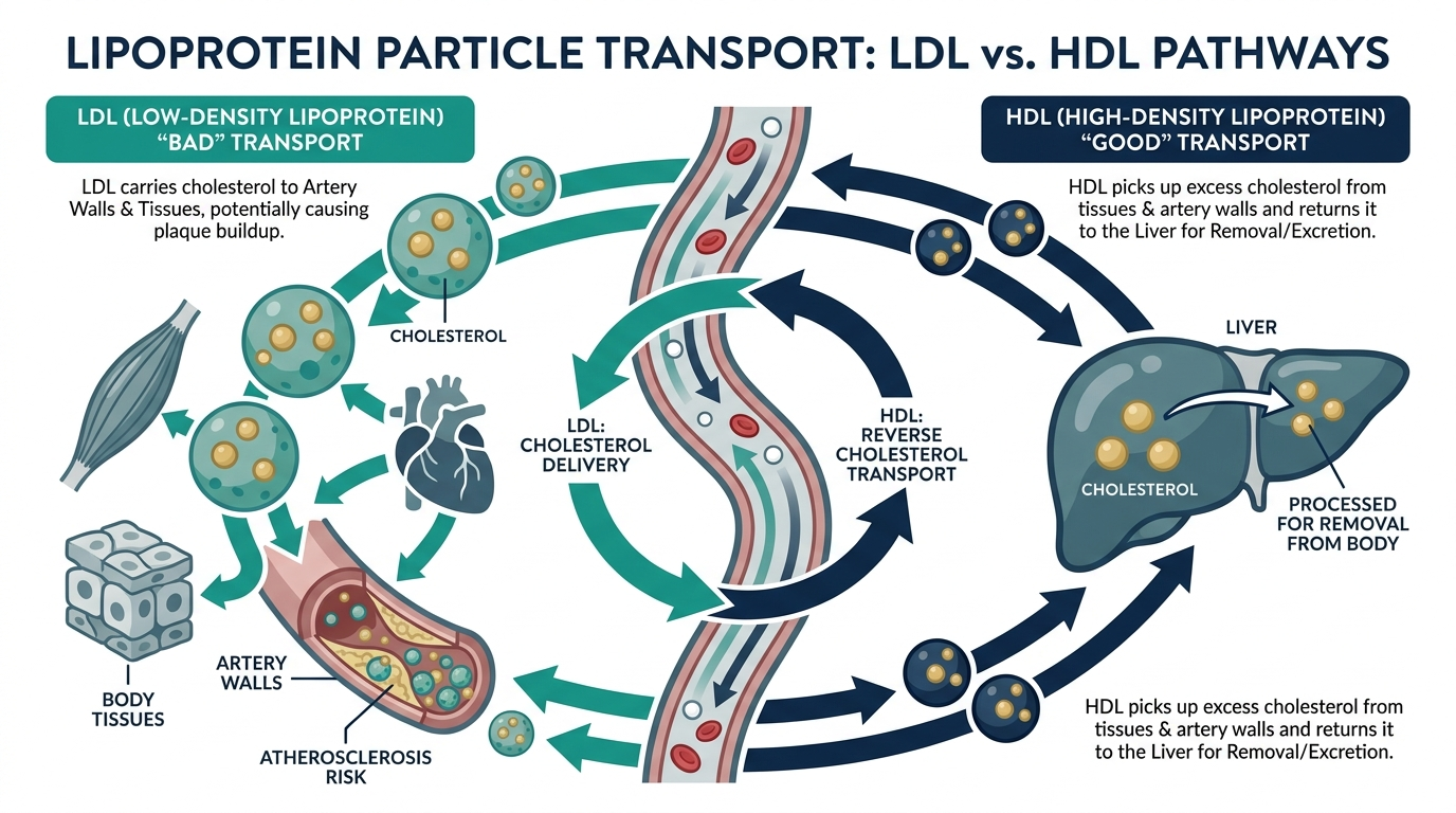 Diagram of LDL particles carrying cholesterol to tissues and artery walls compared to HDL particles carrying cholesterol back to the liver