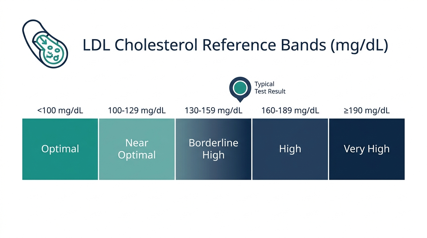 Schematic chart of LDL cholesterol reference bands from optimal to very high