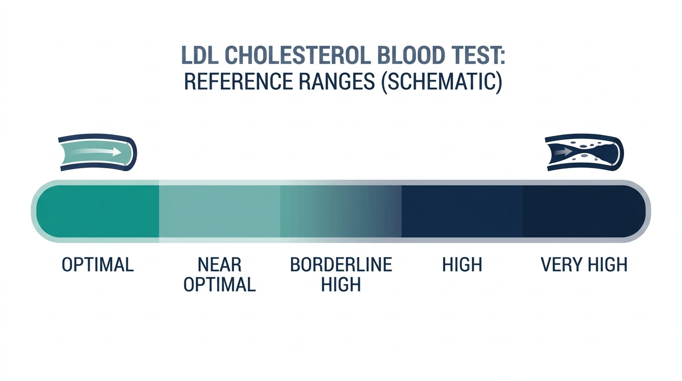 Schematic chart showing optimal, near optimal, borderline high, high, and very high category bands for LDL cholesterol