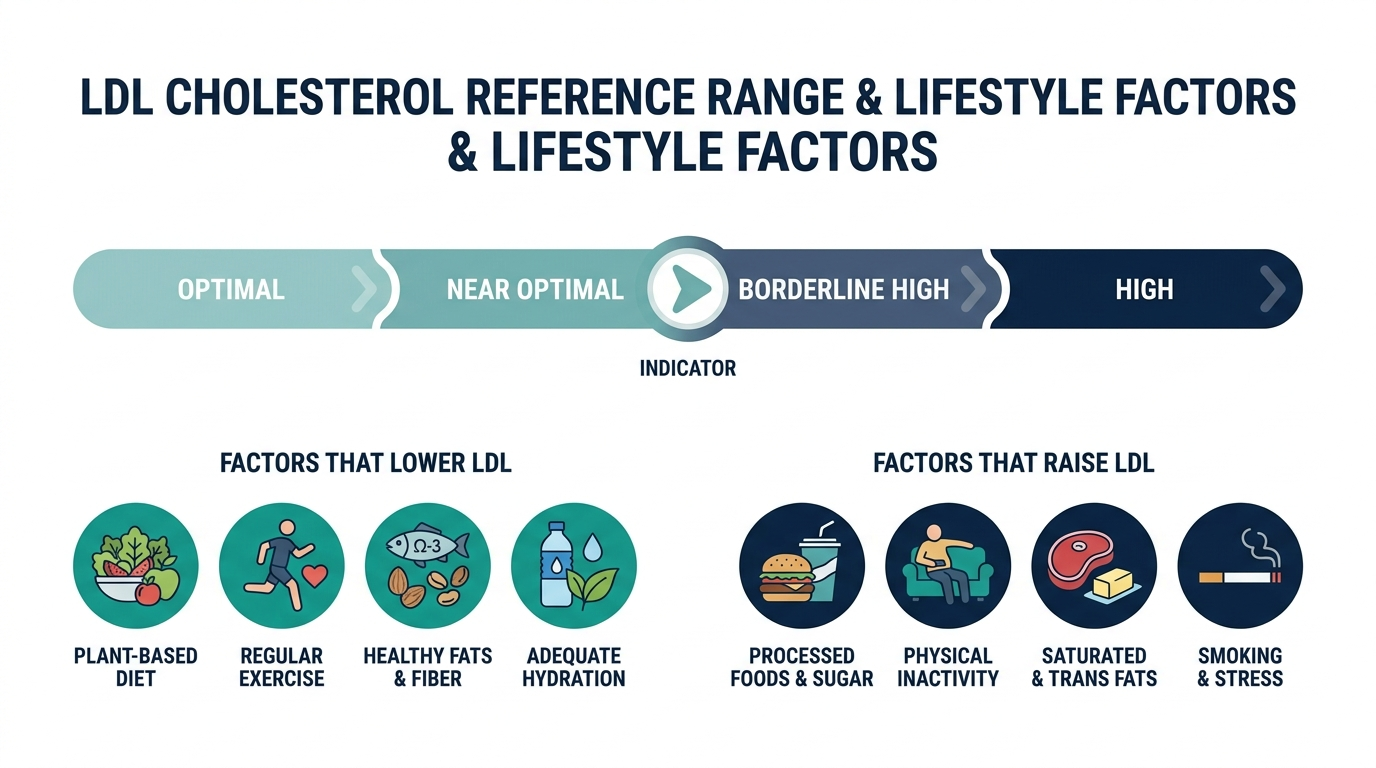 Reference range chart showing optimal to high LDL cholesterol bands with lifestyle factors