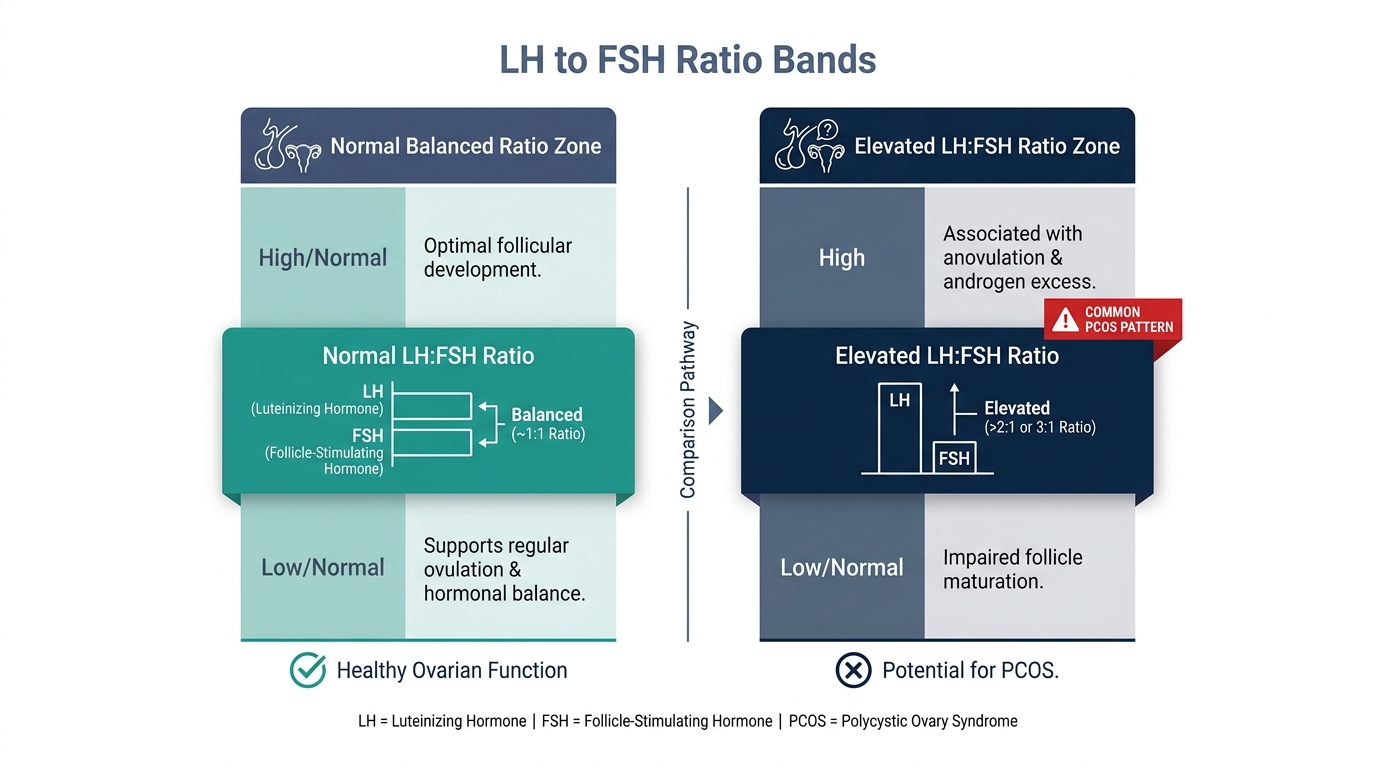 Schematic chart comparing a normal LH:FSH ratio to an elevated ratio pattern seen in PCOS