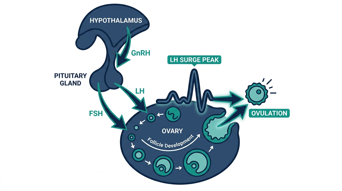 Diagram of the hypothalamic-pituitary-ovarian axis showing GnRH, LH, FSH, and the LH surge triggering ovulation