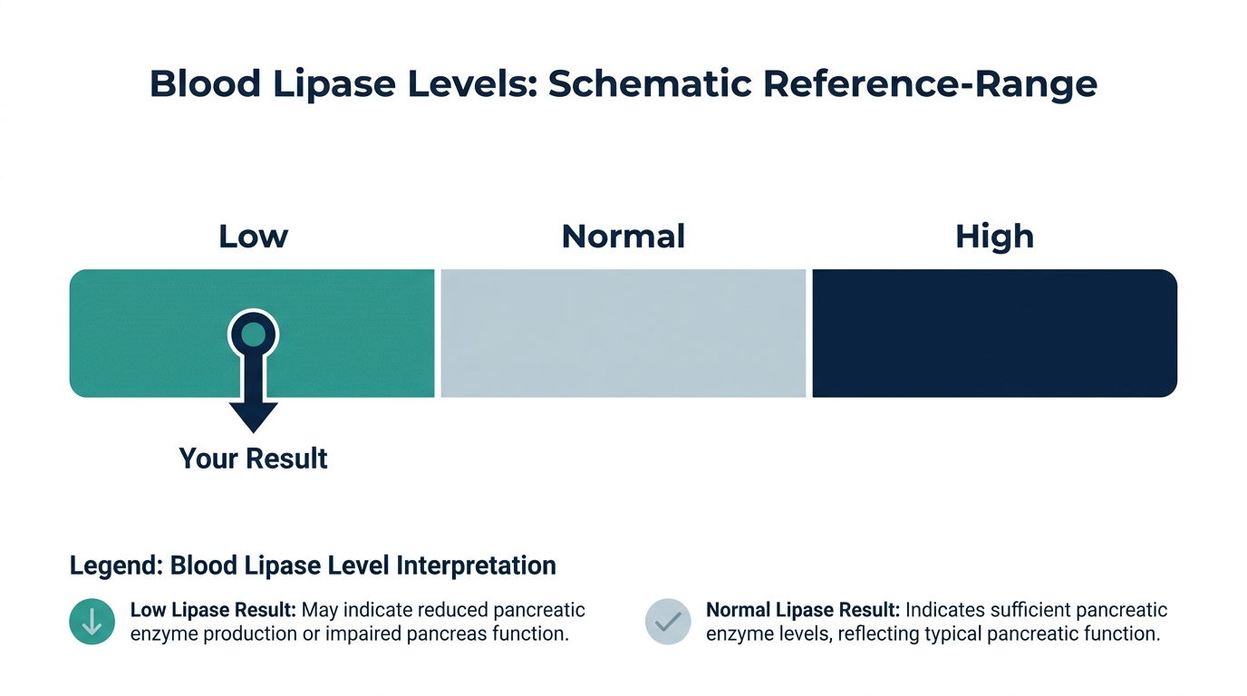 Schematic reference range chart showing low, normal, and high bands for blood lipase levels
