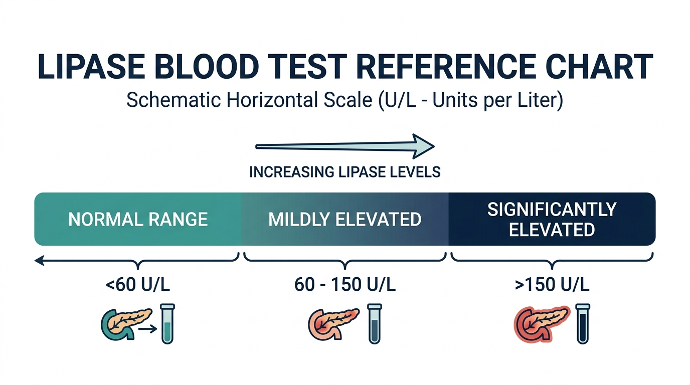 Schematic chart showing normal, mildly elevated, and significantly elevated lipase reference bands