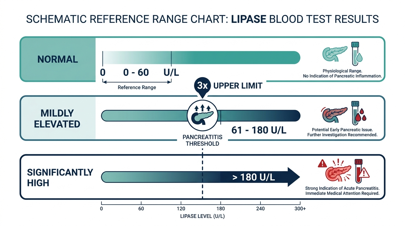 Schematic chart of lipase reference ranges showing normal, mildly elevated, and significantly high bands