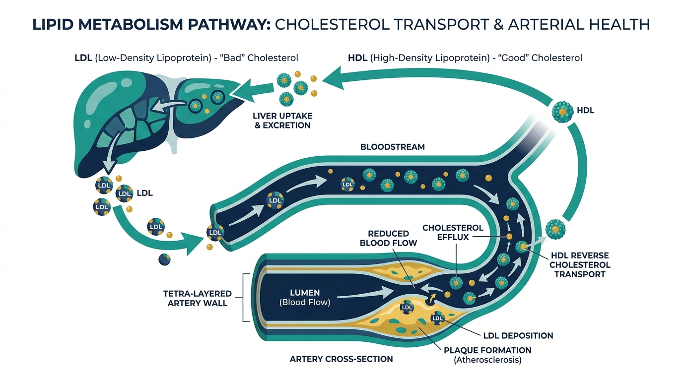 Diagram of lipid metabolism showing liver producing LDL and HDL cholesterol and their effect on artery walls
