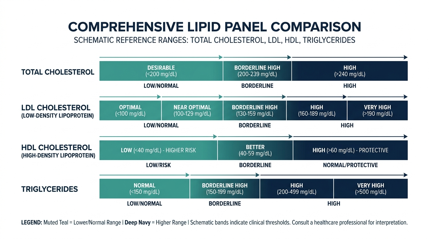 Comparison chart of a lipid panel showing reference-range bars for Total Cholesterol, LDL, HDL, and Triglycerides