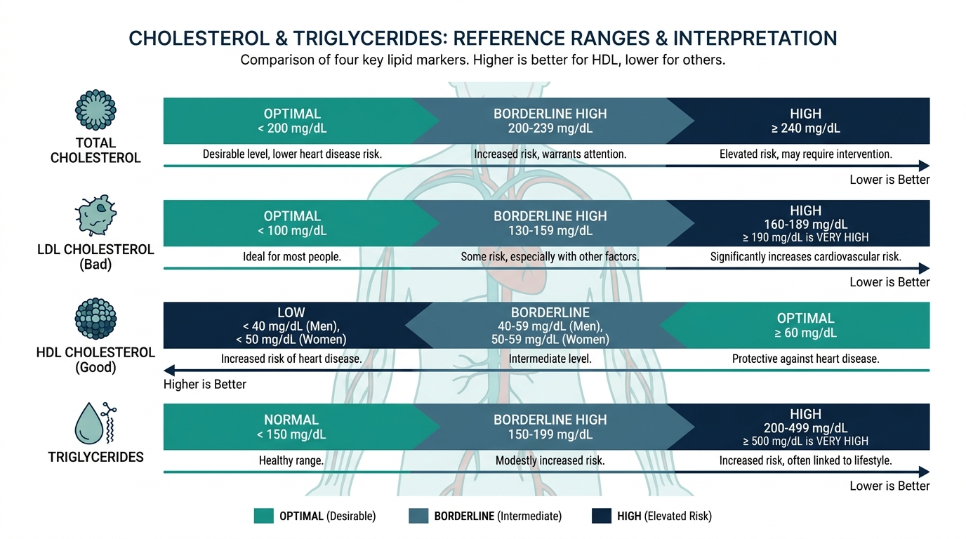 Comparison chart of reference-range bars for Total Cholesterol, LDL, HDL, and Triglycerides showing optimal, borderline, and high bands