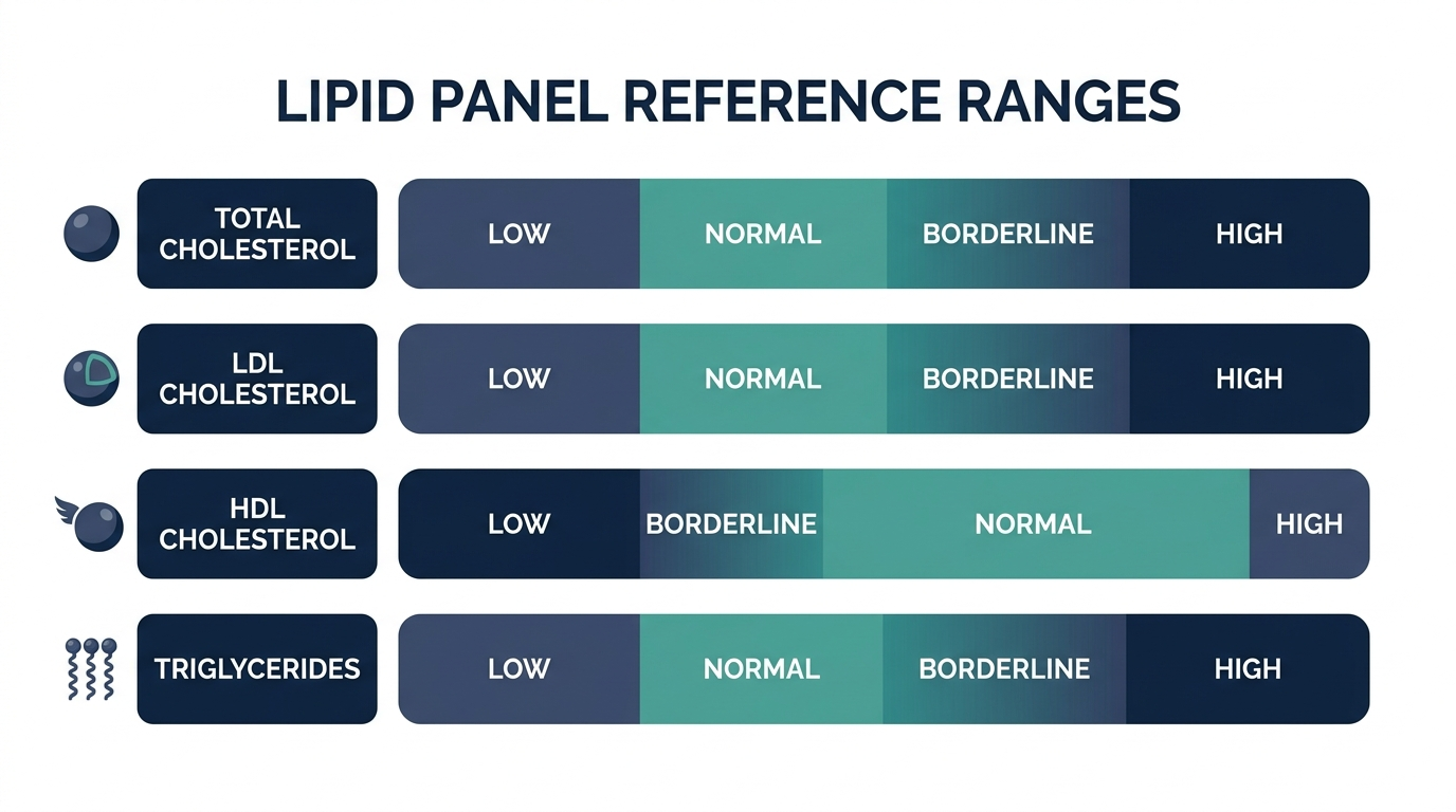 Reference range chart showing low, normal, borderline, and high zones for total cholesterol, LDL, HDL, and triglycerides