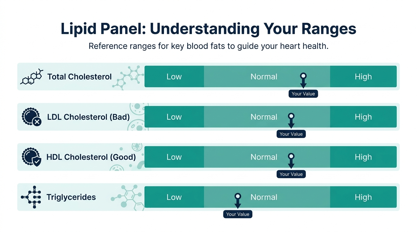 Schematic chart showing low, normal, and high reference bands for lipid panel markers