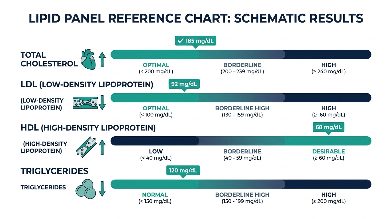 Schematic lipid panel reference chart for total cholesterol, LDL, HDL, and triglycerides