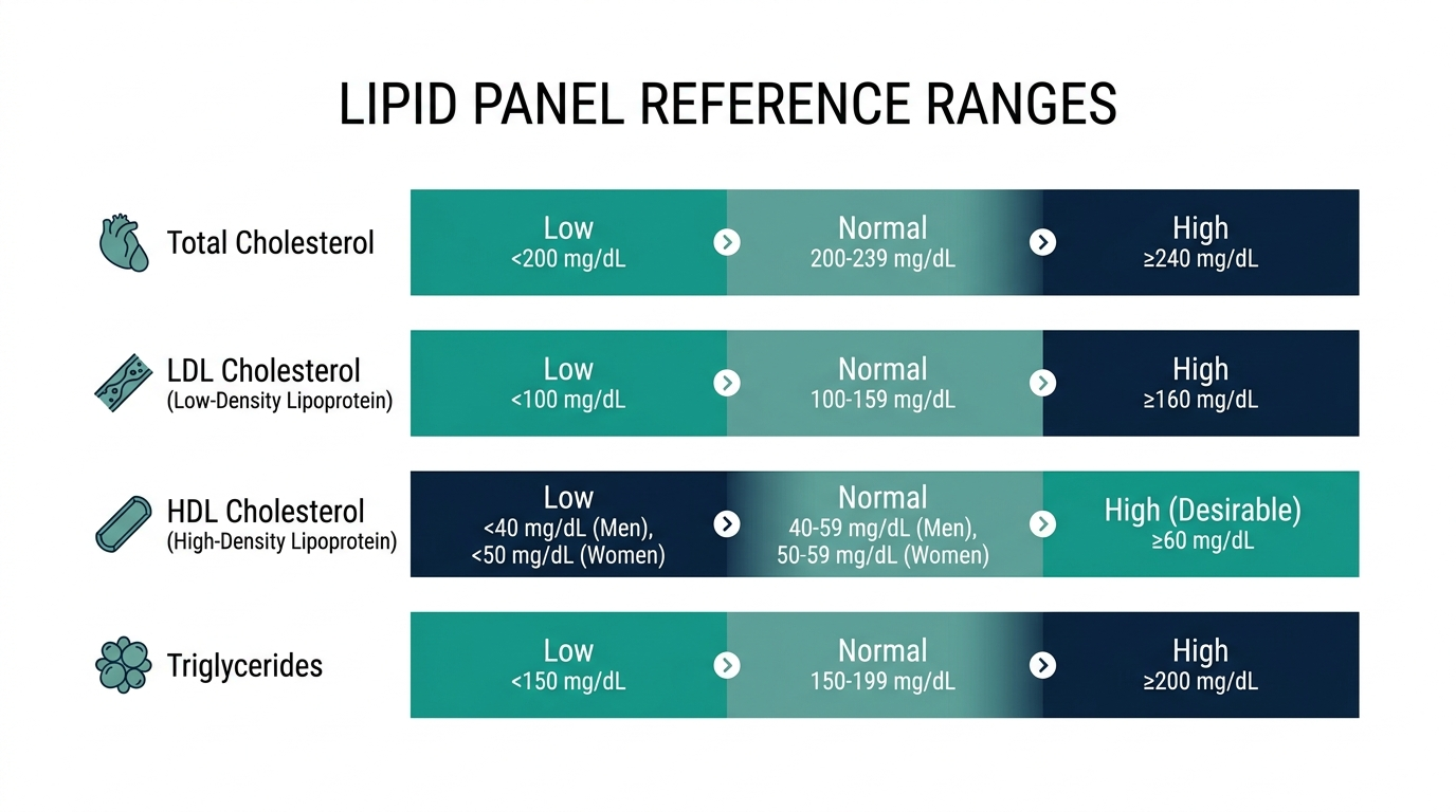 Reference range chart for total cholesterol, LDL, HDL, and triglycerides with low, normal, and high bands