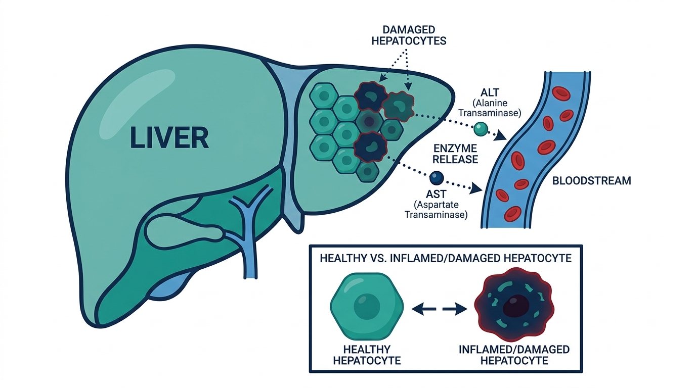 Diagram of liver hepatocytes releasing ALT and AST enzymes into the bloodstream when damaged