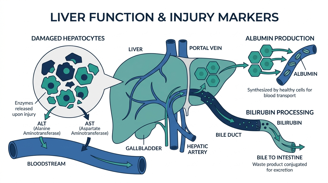 Diagram of the liver showing hepatocyte cells releasing ALT and AST enzymes, producing albumin, and processing bilirubin from the bile duct