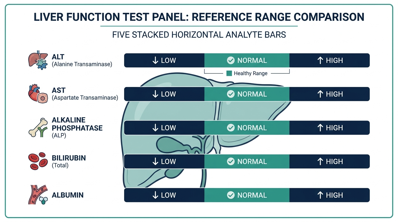 Comparison chart of reference-range bars for ALT, AST, Alkaline Phosphatase, Bilirubin, and Albumin in a liver function test panel