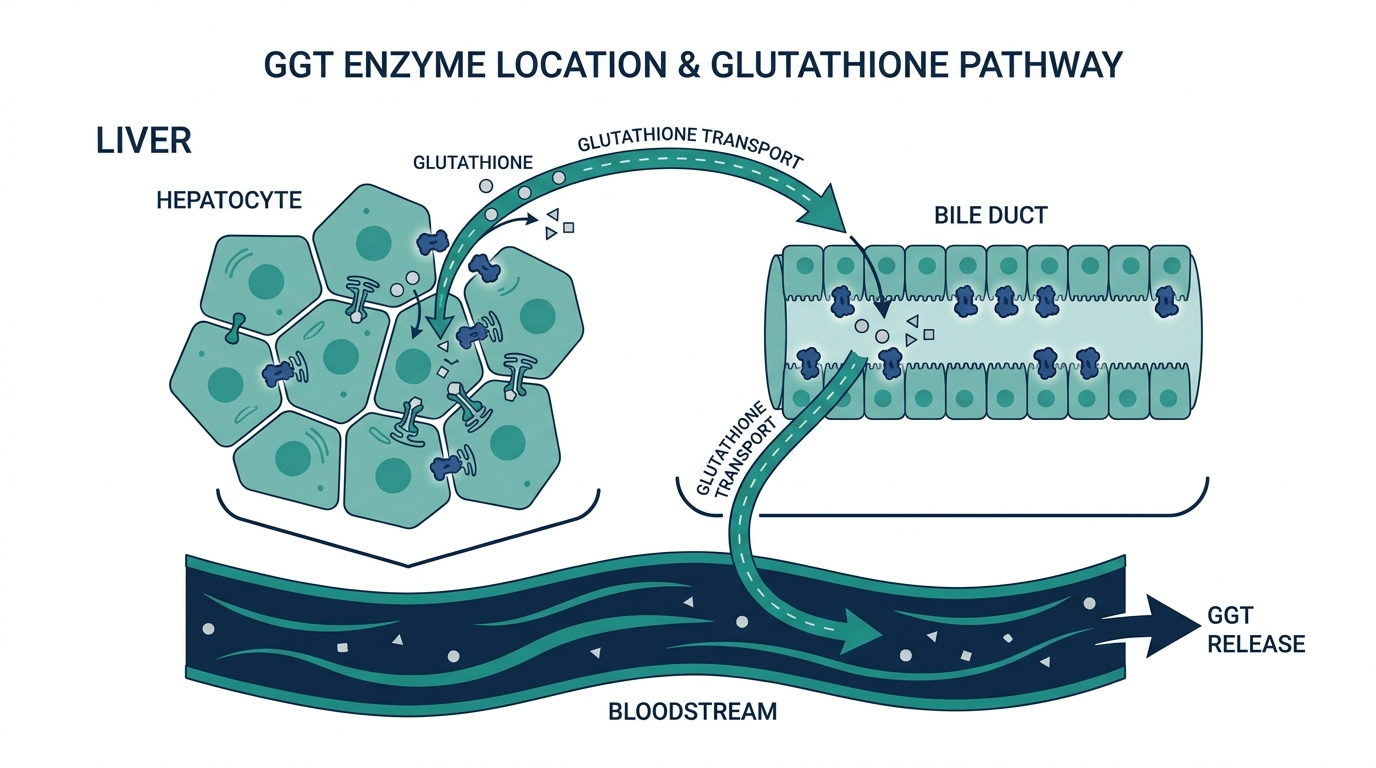 Diagram of liver hepatocytes and bile duct cells showing where GGT enzyme sits and how it releases into the bloodstream