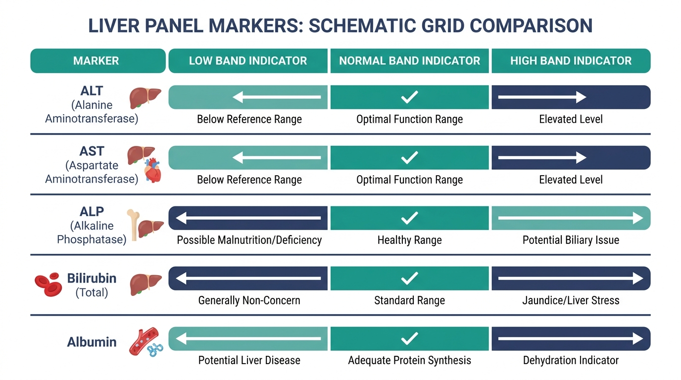 Comparison grid chart showing low, normal, and high bands for ALT, AST, ALP, bilirubin, and albumin