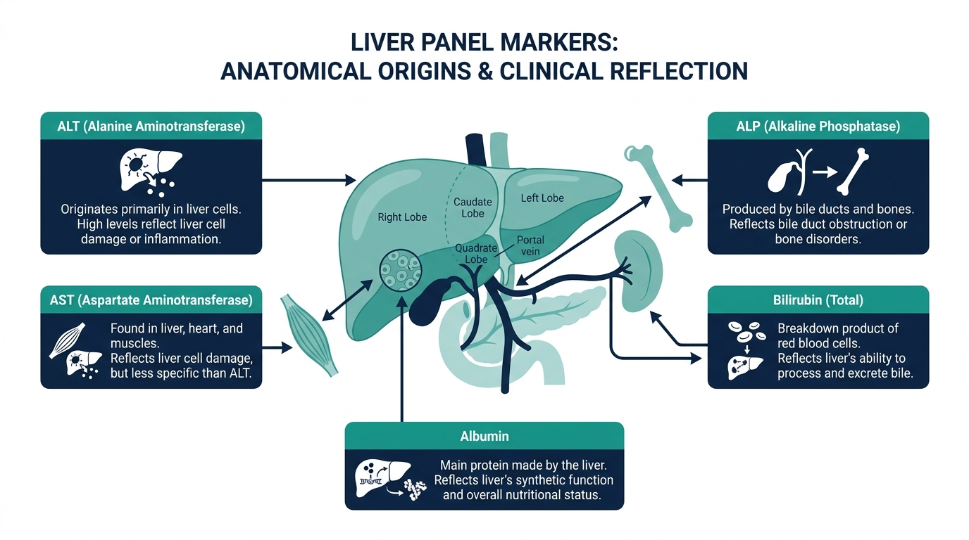 Labeled liver anatomy diagram showing the five liver panel markers ALT, AST, ALP, bilirubin, and albumin