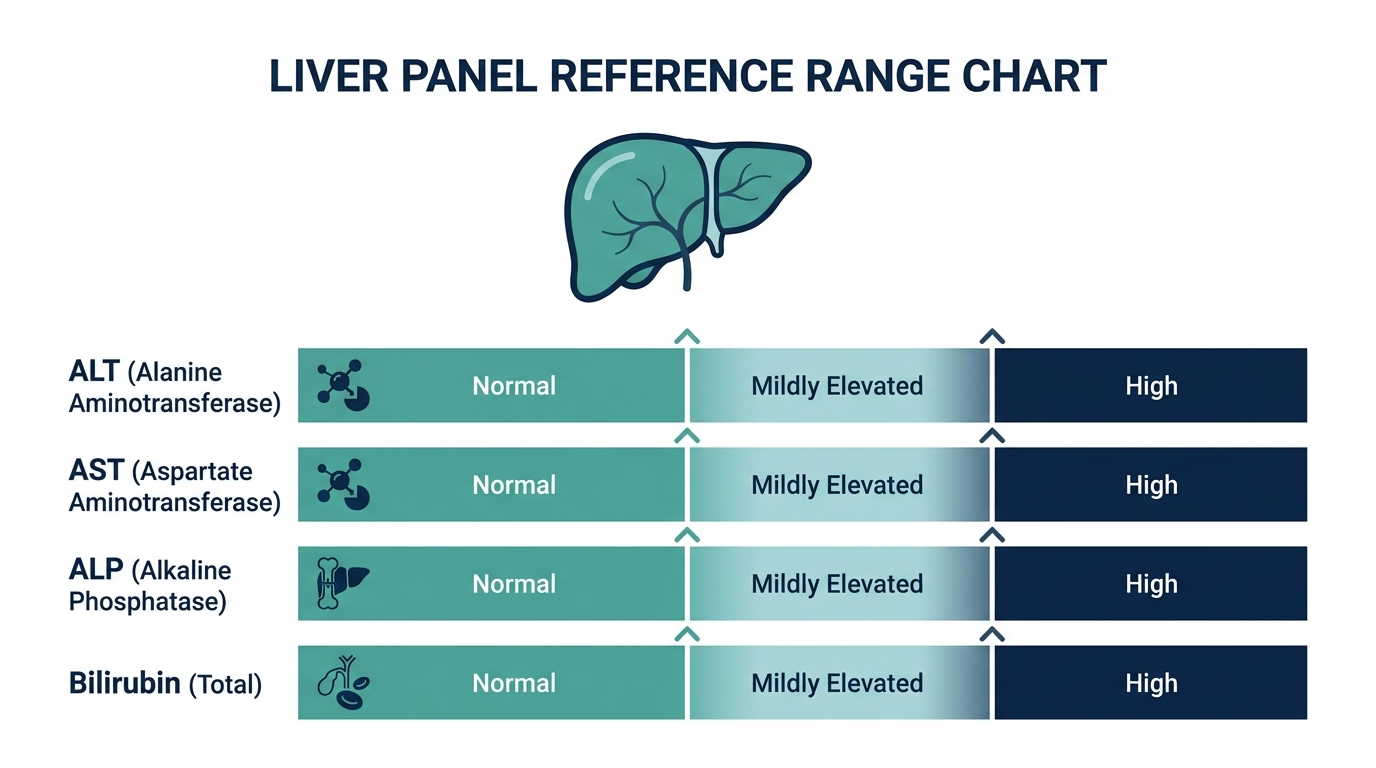 Reference range chart showing normal, mildly elevated, and high zones for ALT, AST, ALP, and bilirubin