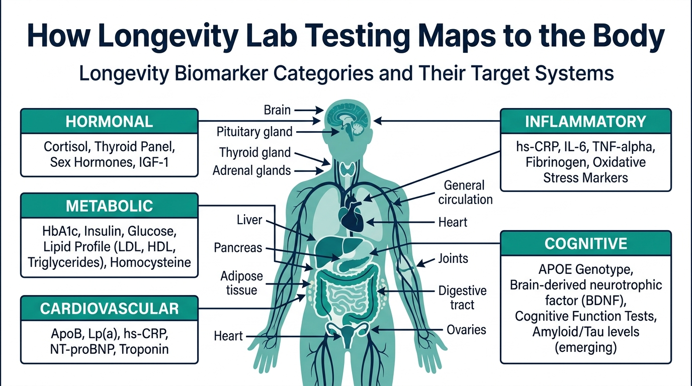 Body silhouette diagram showing hormonal, metabolic, cardiovascular, inflammatory, and cognitive longevity biomarker categories mapped to organ systems