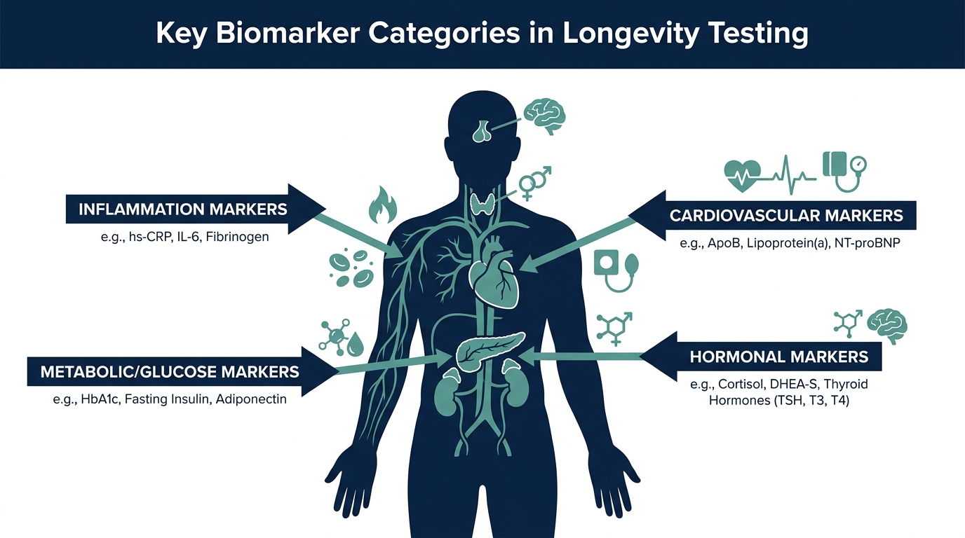 Body diagram labeling the main biomarker categories used in longevity testing