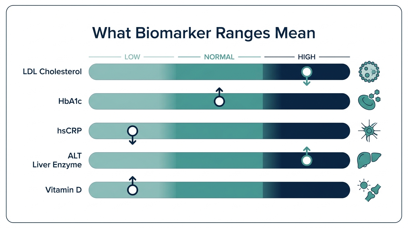 Schematic chart showing low, normal, and high reference bands for LDL cholesterol, HbA1c, hsCRP, ALT, and vitamin D