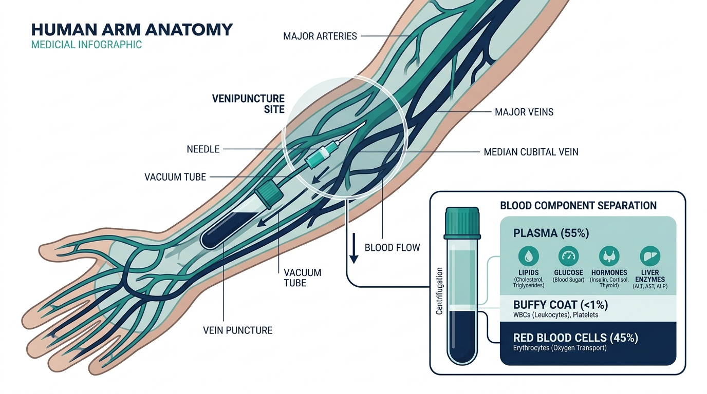 Diagram of a venous blood draw with an inset showing whole blood separating into plasma, buffy coat, and red blood cells