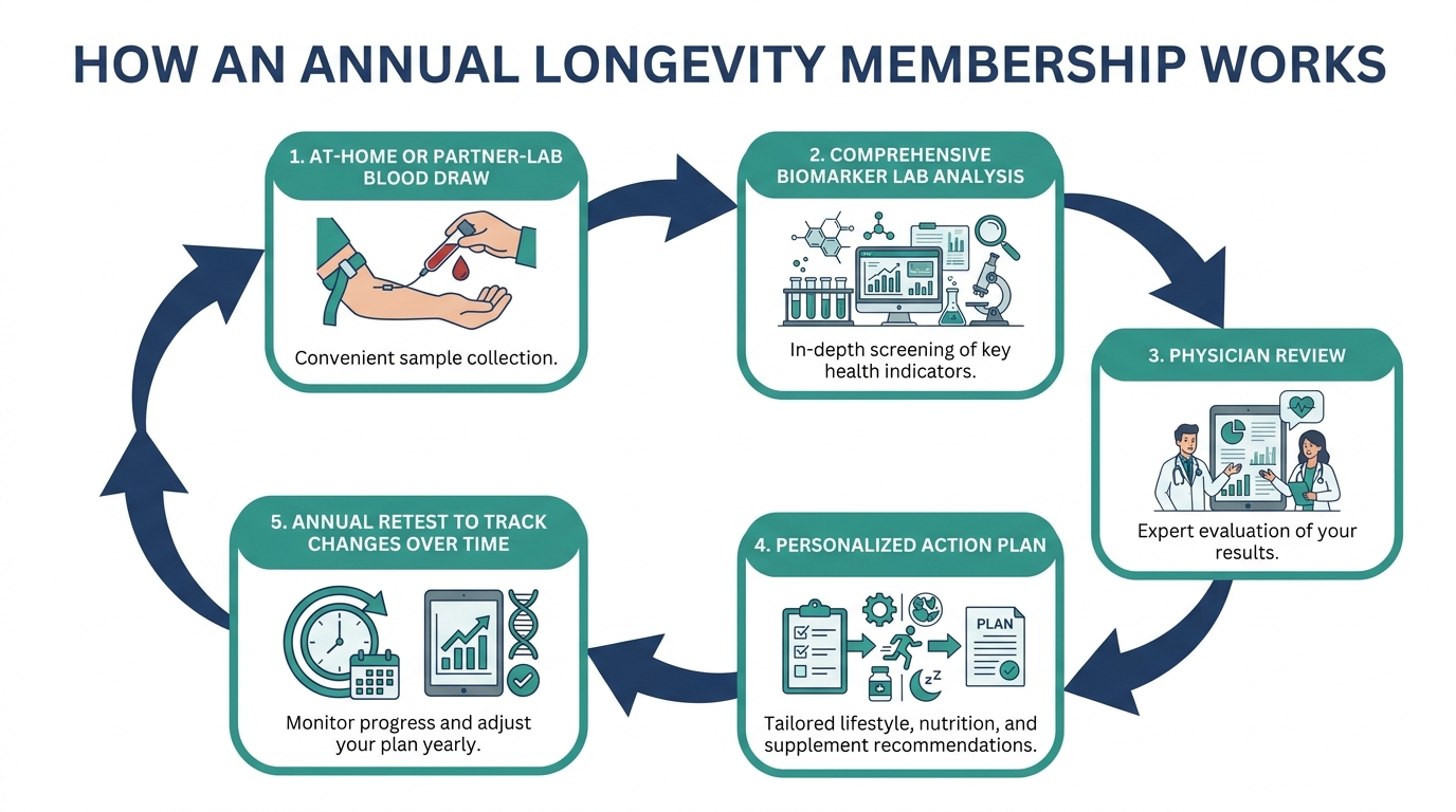 Cycle diagram showing the annual steps of a longevity membership from blood draw to retest