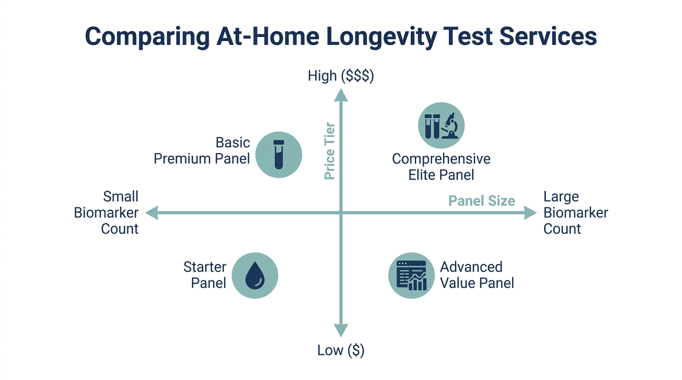Quadrant chart comparing at-home longevity test services by panel size and price tier