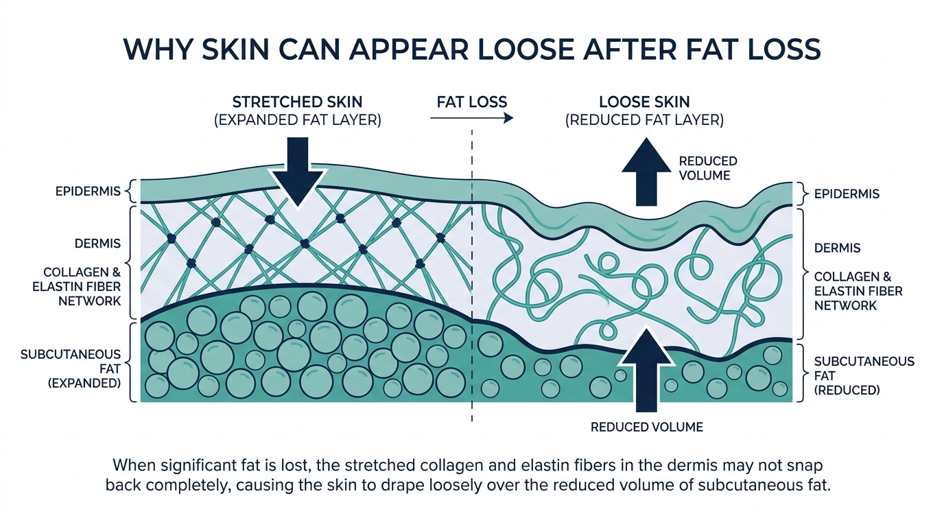Cross-section diagram of skin layers stretched over an expanded fat layer versus loosely draped after fat loss