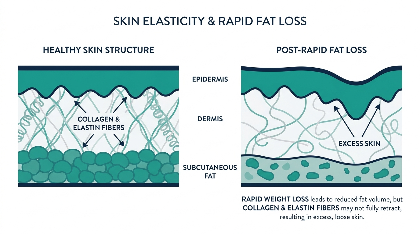 Cross-section diagram of skin showing epidermis, dermis with collagen and elastin fibers, and subcutaneous fat, illustrating why loose skin can remain after fat loss