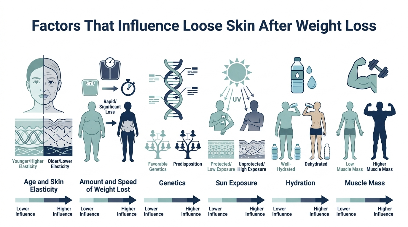 Chart of factors that influence loose skin after weight loss, including age, amount and speed of weight lost, genetics, sun exposure, and muscle mass