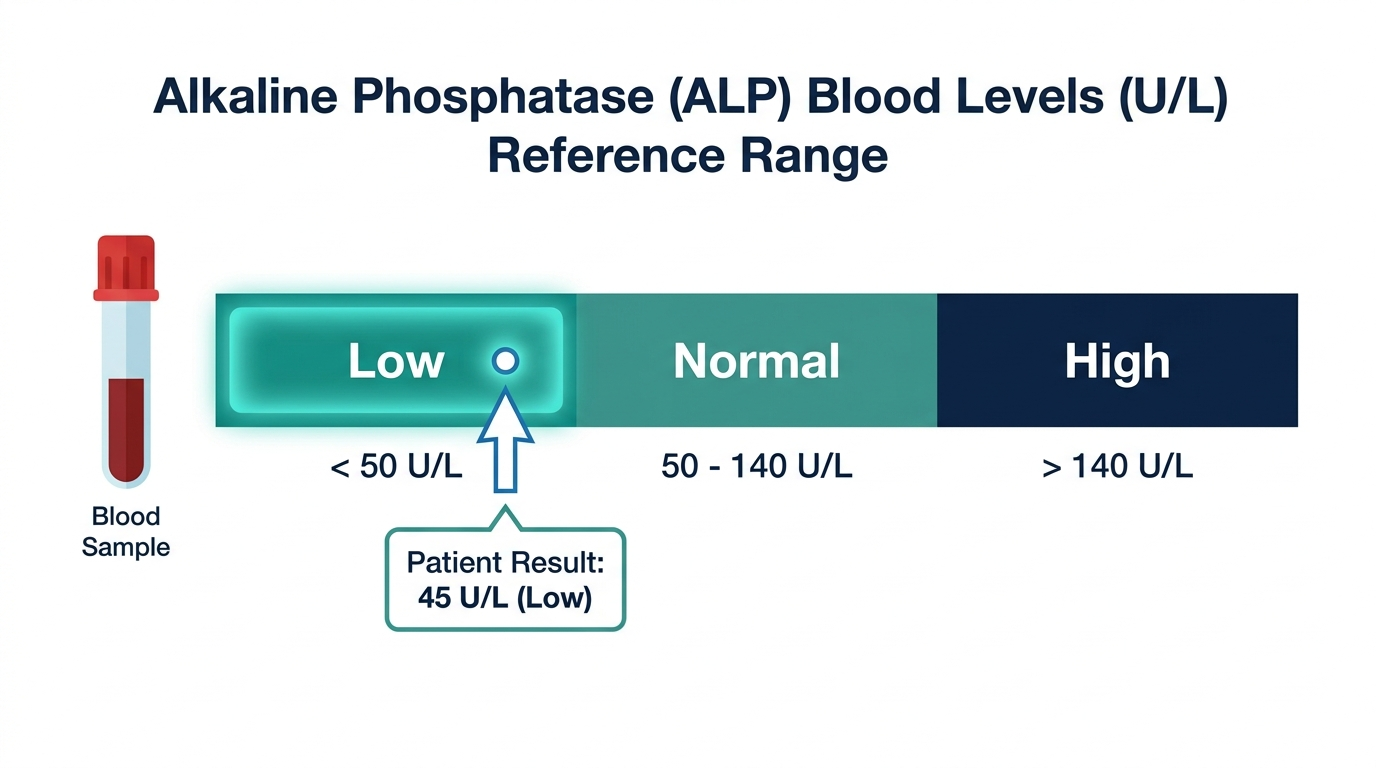 Reference range chart highlighting low alkaline phosphatase among low, normal, and high bands