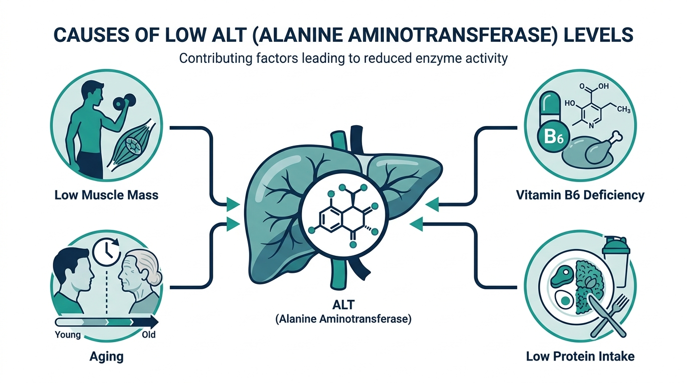 Diagram of factors linked to low ALT levels, including low muscle mass, vitamin B6 deficiency, aging, and low protein intake