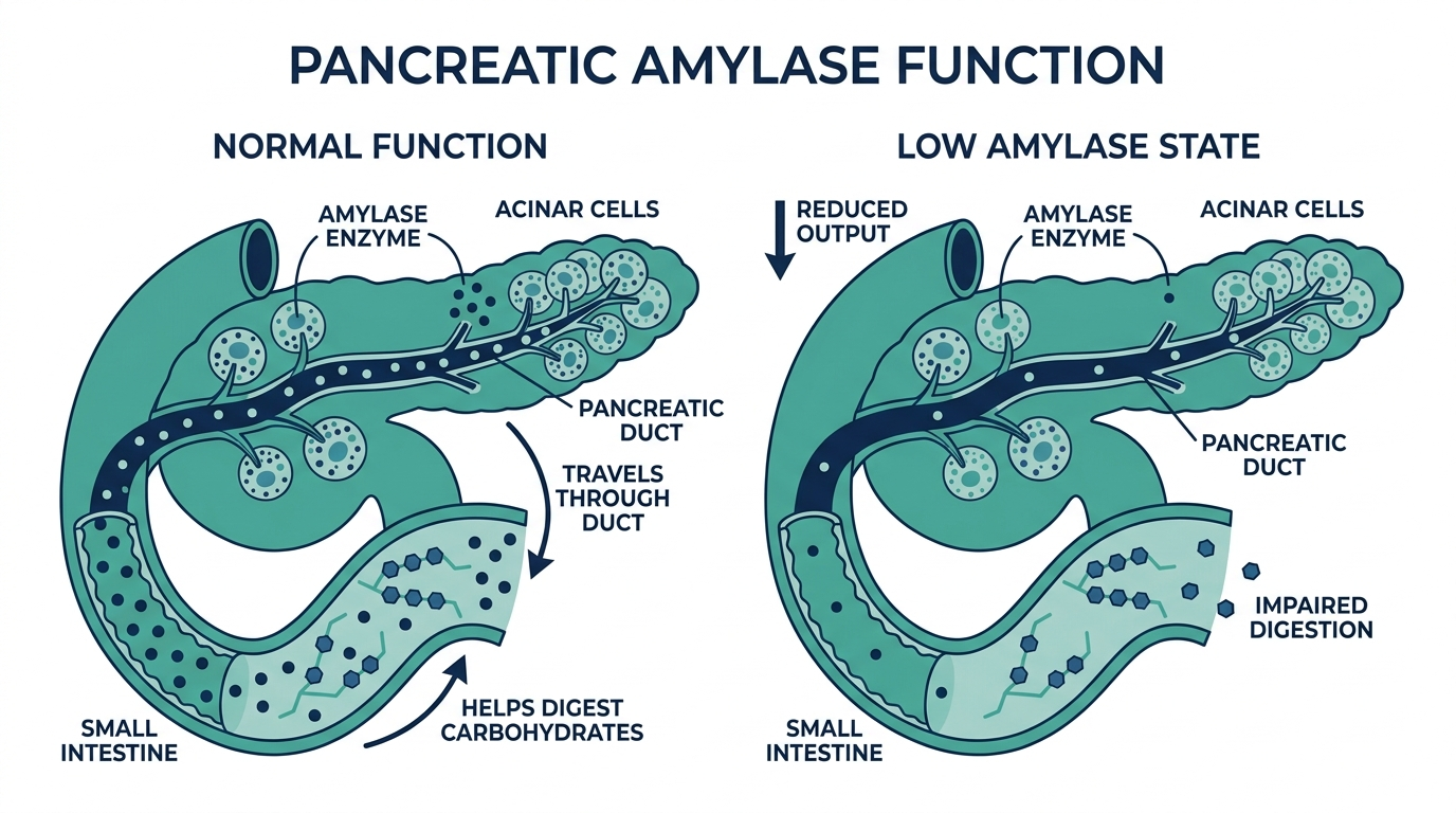 Diagram of the pancreas showing reduced amylase enzyme production and release into the small intestine