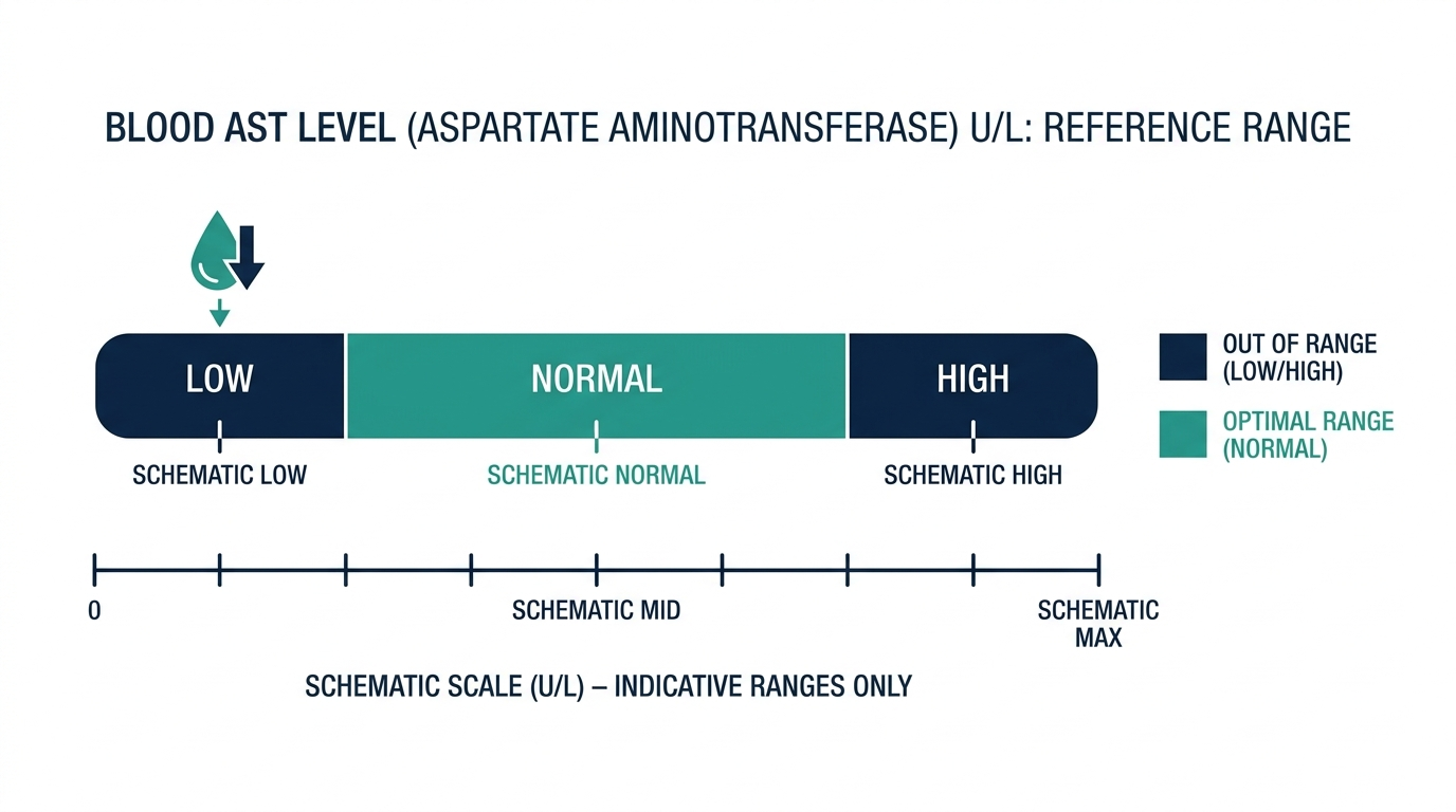 Schematic reference-range chart for blood AST levels showing Low, Normal, and High bands