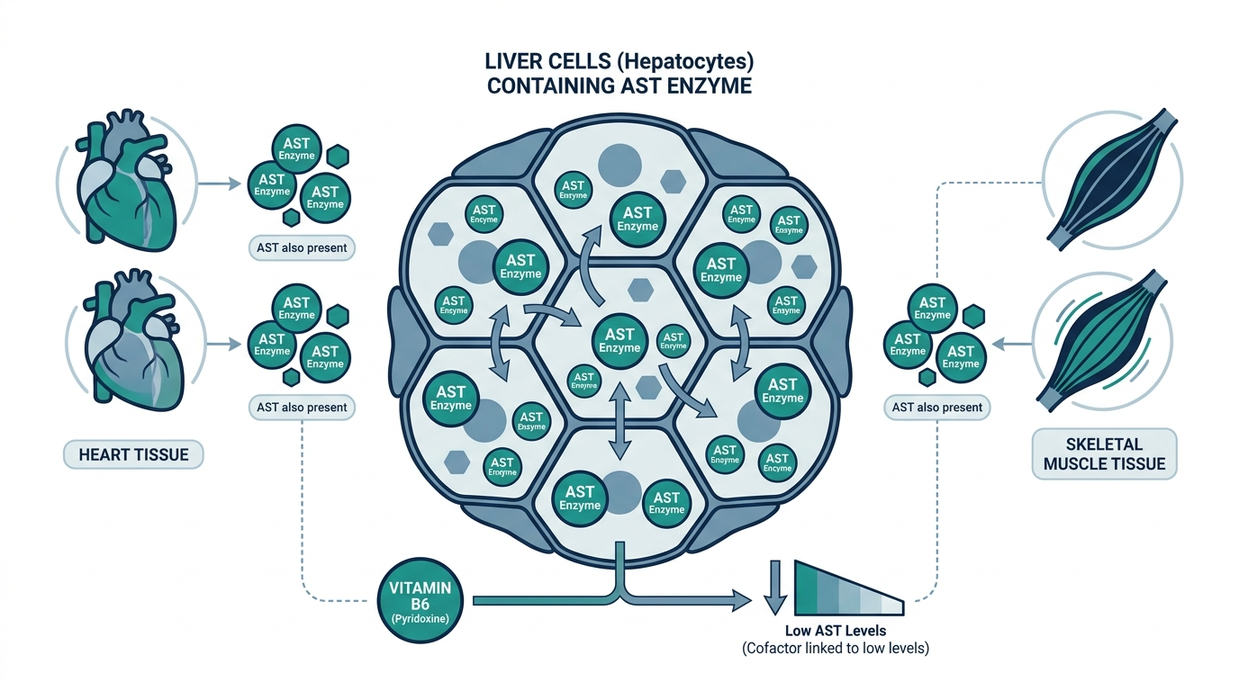 Diagram of liver cells containing the enzyme AST, also present in heart and skeletal muscle tissue, with vitamin B6 shown as a cofactor linked to low AST levels