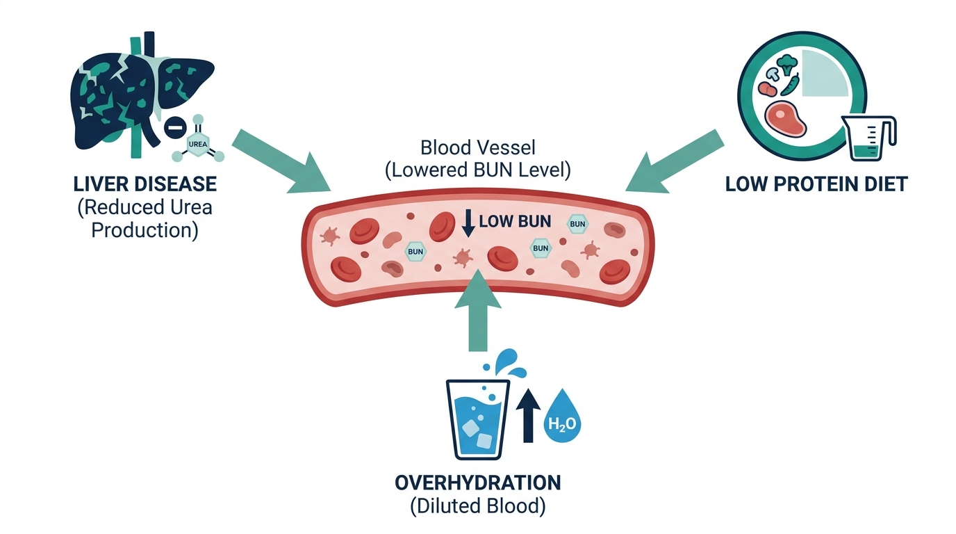 Diagram showing causes of low blood urea nitrogen: liver disease reducing urea production, low protein diet, and overhydration diluting the blood