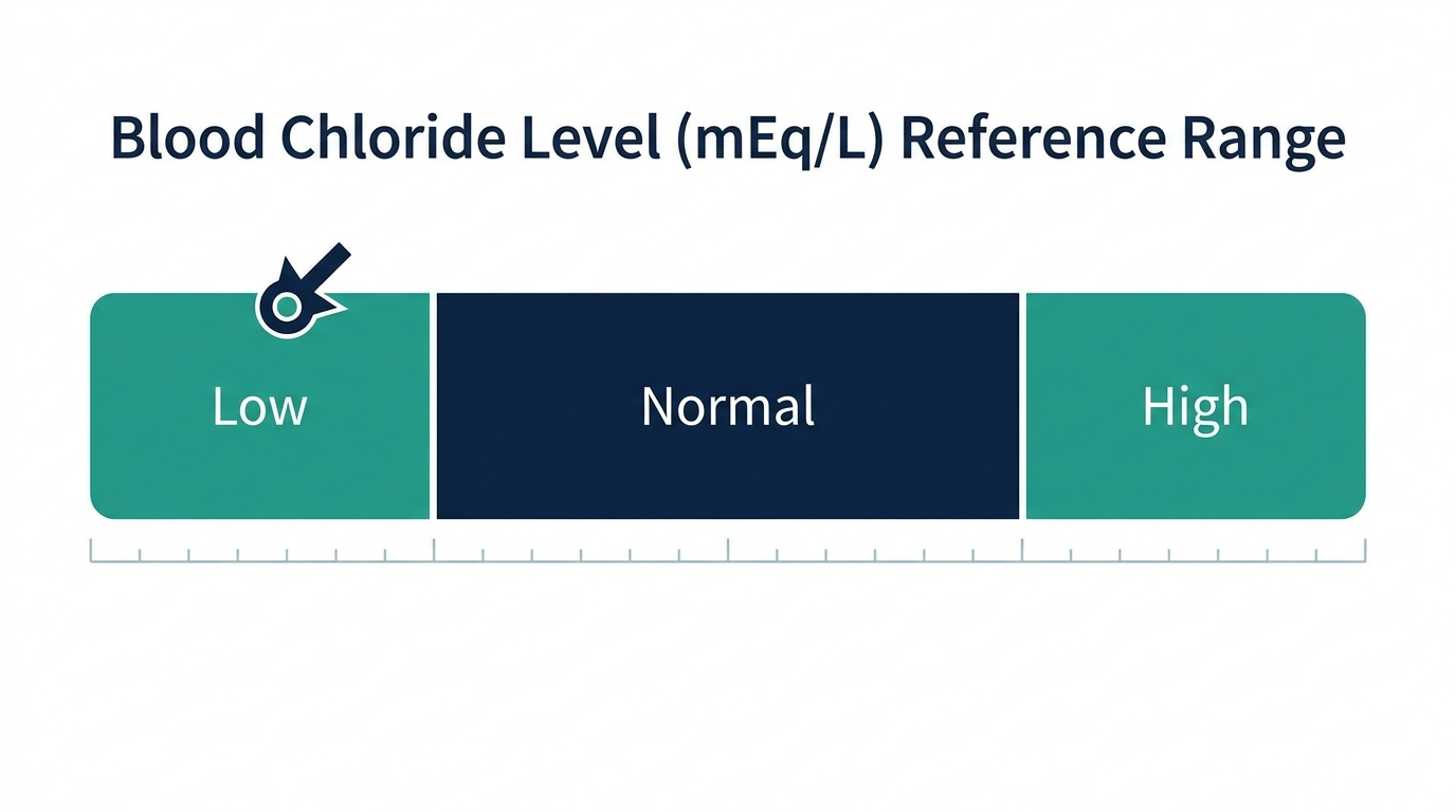 Schematic reference-range chart for blood chloride levels showing Low, Normal, and High bands