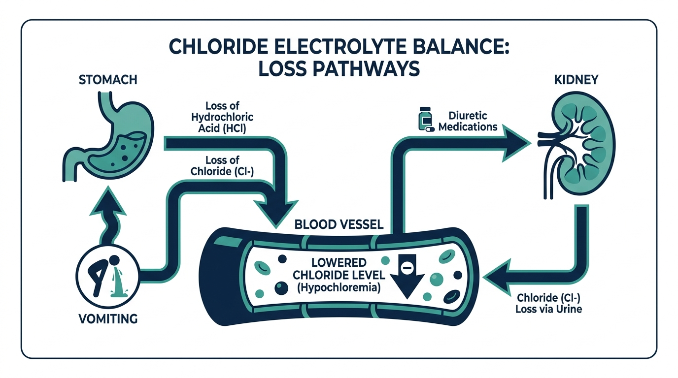 Diagram showing chloride loss through vomiting of stomach acid and diuretic medications acting on the kidneys, leading to lowered blood chloride