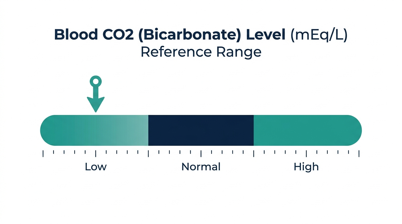 Schematic reference-range chart for blood CO2 (bicarbonate) levels showing Low, Normal, and High bands