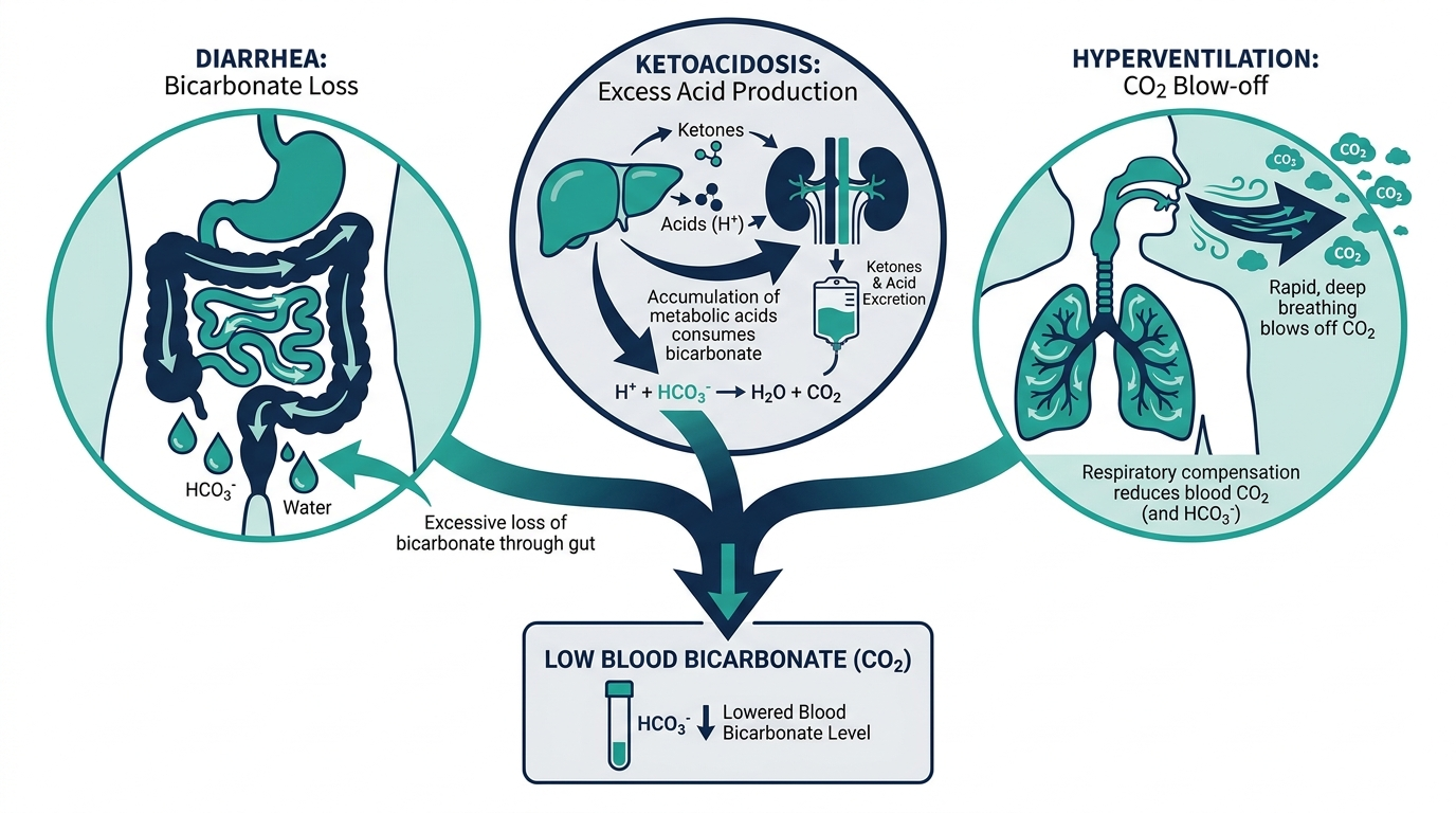 Diagram showing causes of low blood CO2: diarrhea causing bicarbonate loss, ketoacidosis, and lungs hyperventilating to blow off carbon dioxide