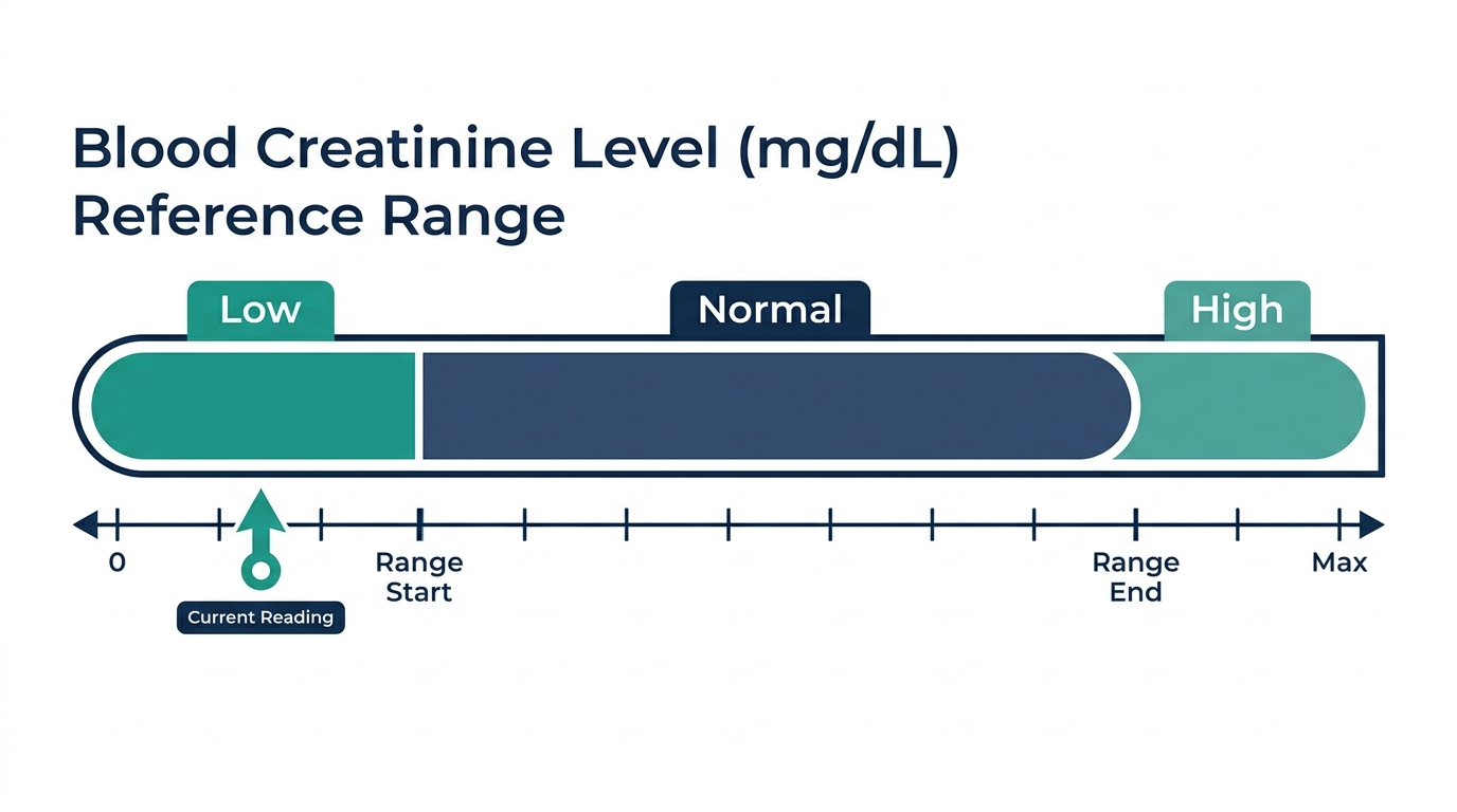 Schematic reference-range chart for blood creatinine levels showing Low, Normal, and High bands