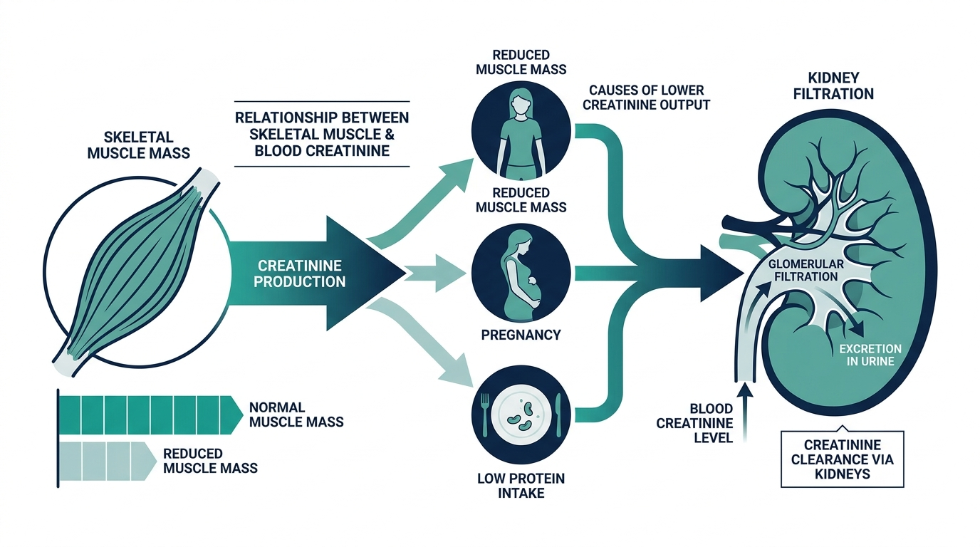 Diagram showing skeletal muscle mass and blood creatinine production, with reduced muscle mass, pregnancy, and low protein intake as causes of lower creatinine