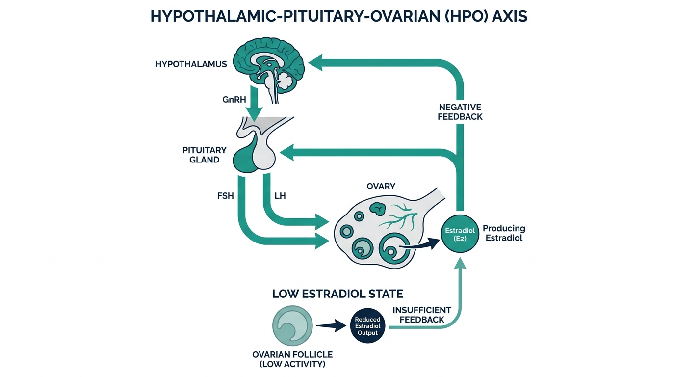 Diagram of the hypothalamic-pituitary-ovarian axis showing reduced estradiol output from the ovary in a low estradiol state