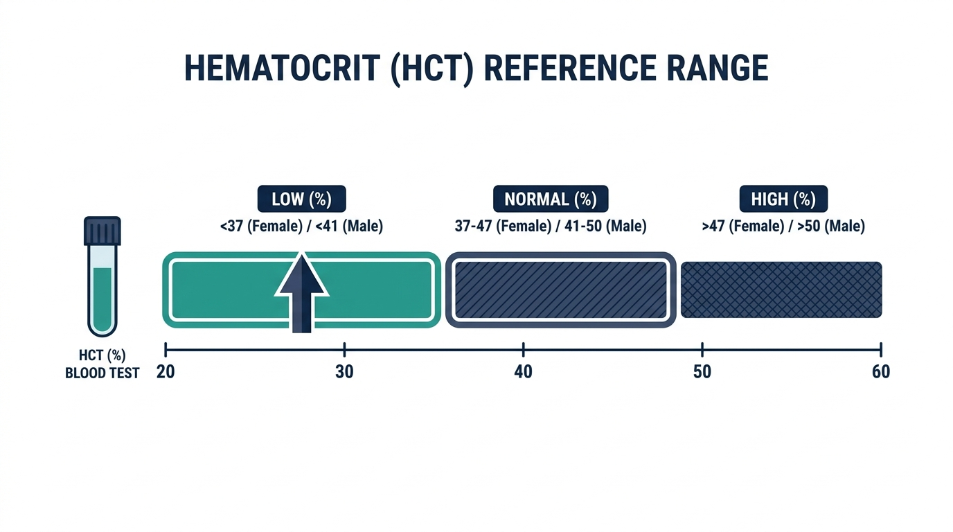 Reference range chart highlighting low hematocrit among low, normal, and high bands