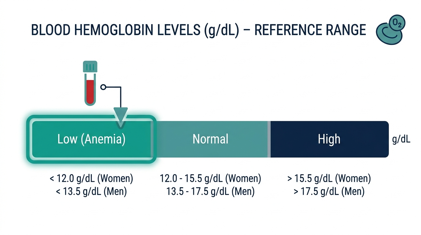 Reference range chart highlighting low hemoglobin among low, normal, and high bands